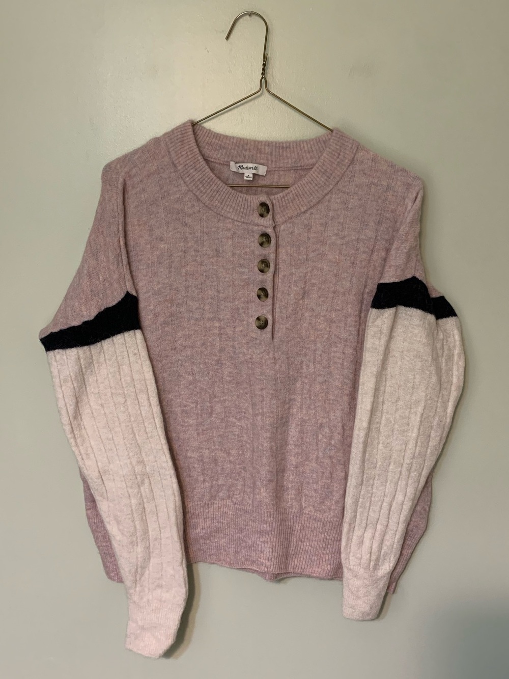 Madewell — pink sweater with cute buttons and white sleeve with navy stripe